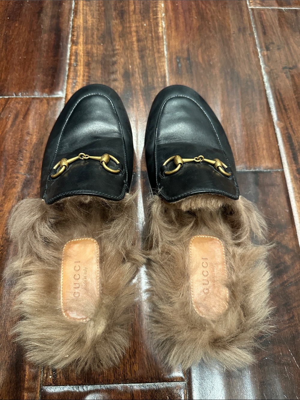 Gucci Black Leather Fur-Lined Horsebit Mules